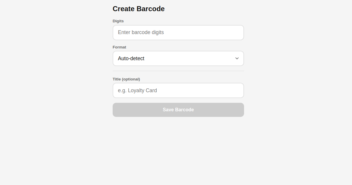 Barcoder's barcode creation screen with fields for the digits, format, and optional title.